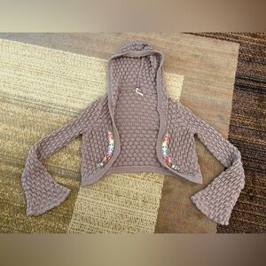 Free People Crochet Hooded Bolero with Beaded Accents - Taupe